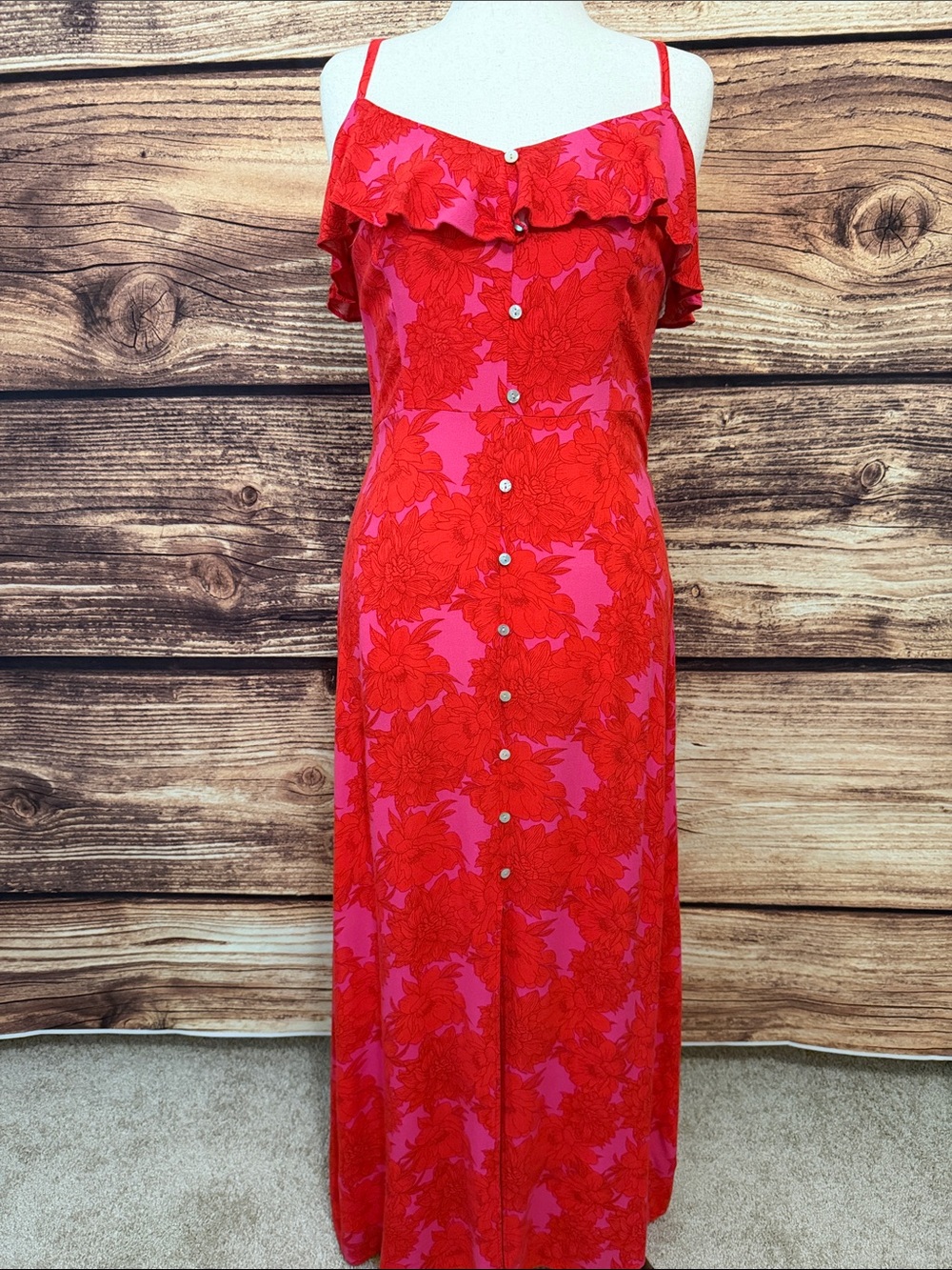 Lily Rose Red & Pink Floral Ruffle-Trim Button-Front Maxi Dress
